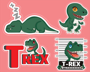 Green Dinosaur Sticker Set of 4 Trex Vector