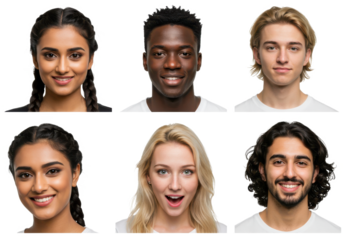 Collage of portraits and faces of group of young diverse people for userpic and profile picture isolated on White background PNG transparent background