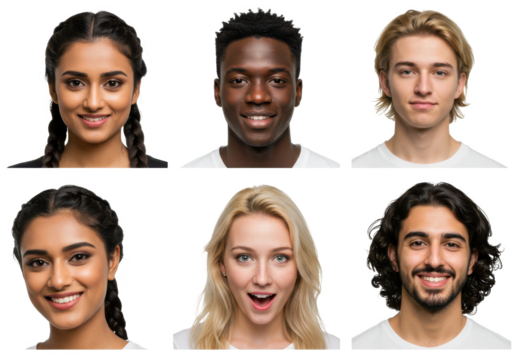 Collage of portraits and faces of group of young diverse people for userpic and profile picture isolated on White background PNG transparent background - Powered by Adobe