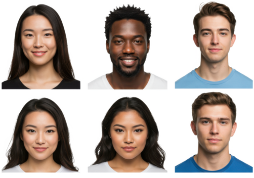 Collage of portraits and faces of group of young diverse people for userpic and profile picture isolated on White background PNG transparent background