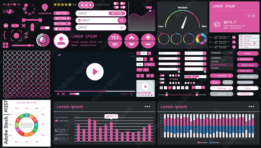 Wall mural a dark set of interface elements for web and mobile applications with modern icons, buttons, and gra