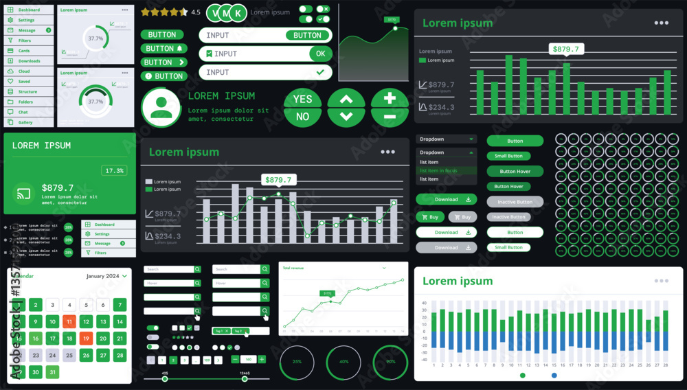 Wall mural a dark set of interface elements for web and mobile applications with modern icons, buttons, and gra
