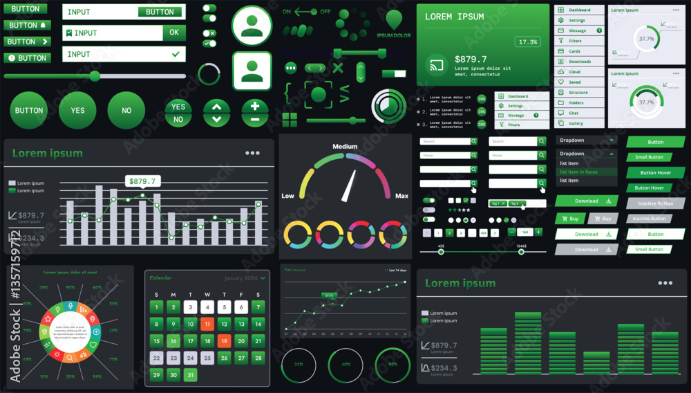 Wall mural a dark set of interface elements for web and mobile applications with modern icons, buttons, and gra