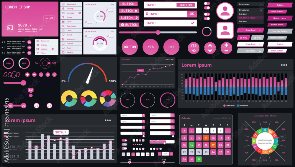 Wall mural a dark set of interface elements for web and mobile applications with modern icons, buttons, and gra