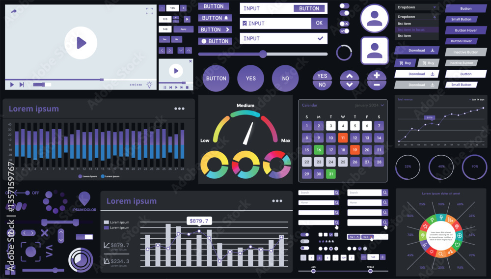 Sticker a dark set of interface elements for web and mobile applications with modern icons, buttons, and gra