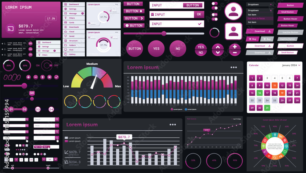 Canvas Prints a dark set of interface elements for web and mobile applications with modern icons, buttons, and gra
