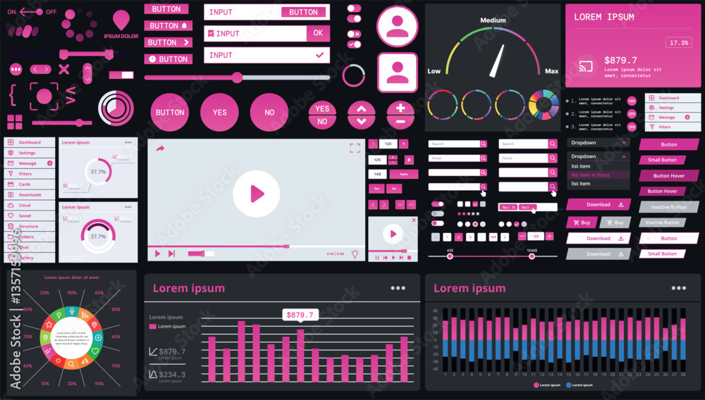 Sticker a dark set of interface elements for web and mobile applications with modern icons, buttons, and gra