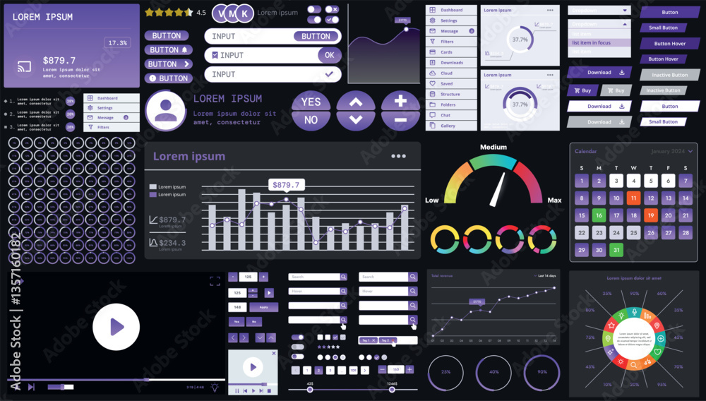 Wall mural a dark set of interface elements for web and mobile applications with modern icons, buttons, and gra