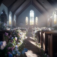 Tranquil Church Interior with Stained Glass and Flowers: A Sacred and Peaceful Sanctuary