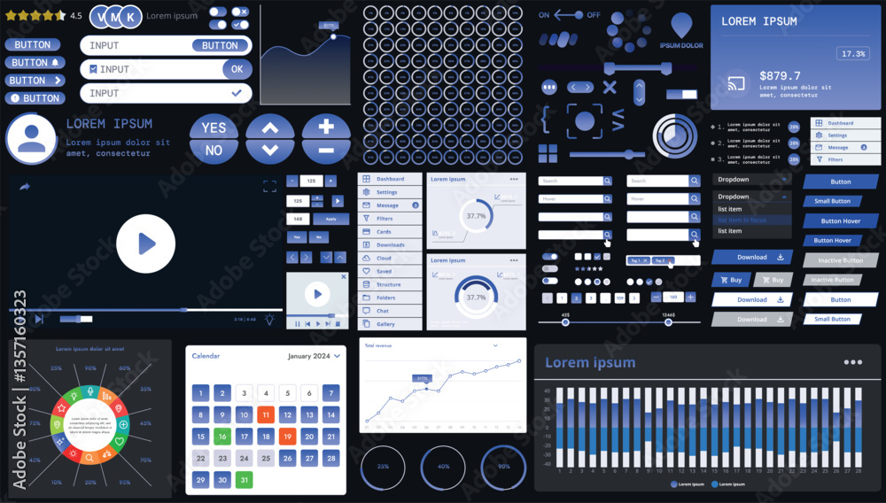 Wall mural a dark set of interface elements for web and mobile applications with modern icons, buttons, and gra