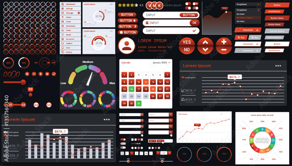 Wall mural a dark set of interface elements for web and mobile applications with modern icons, buttons, and gra