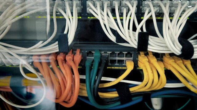 Server racks with white, yellow and orange internet patch cords connected to a black numbered patch panel with green LED lights flashing in a server room. Intranet networks