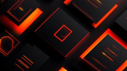 Abstract Neon Geometric Design: Dark Squares with Orange Glowing Lines and Shapes