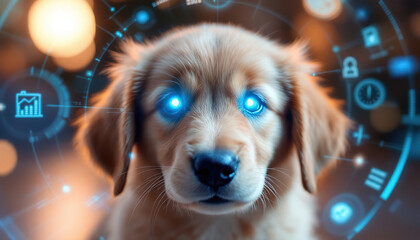 A cute puppy displaying glowing blue eyes with digital elements