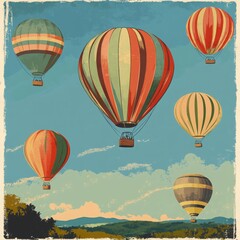 Fototapeta premium Vintage Pixel Art Hot Air Balloons Soaring Over a Scenic Landscape And A Calm Sky With Clouds And Hills And Trees And Fields And A Horizon Line With A Sunrise Viewpoint Illustration With Colors In