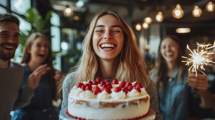 Joyful Young Woman with Friends Celebrating Birthday with Strawberry Cake