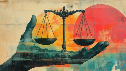 Surreal justice: scales of balance in vibrant artistic landscape