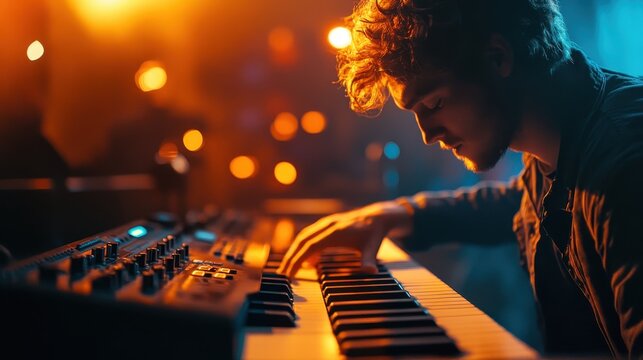 Male Musician Playing Synthesizer Keyboard Under Warm and Cool Stage Lights