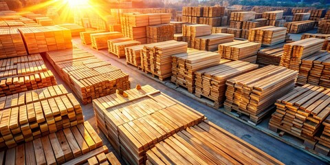 Aerial View of Stacked Wood Billets, Lumber Yard, Forest Harvesting, Renewable Resource