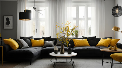Modern living room interior, Scandinavian sofa with pillows and dark yellow blanket in bright living room interior with black chandelier