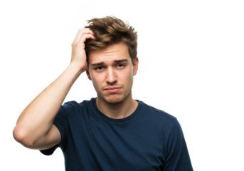 Young doubtful man thinking, scratching head and trying to find solution isolated on White background PNG transparent background
