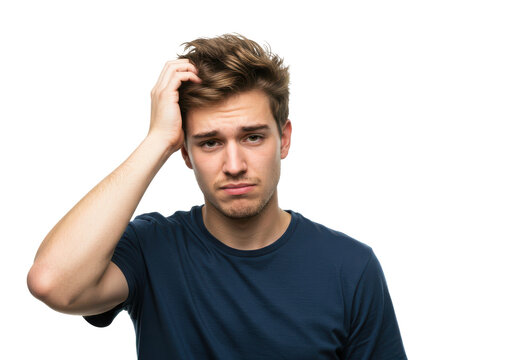 Young doubtful man thinking, scratching head and trying to find solution isolated on White background PNG transparent background
