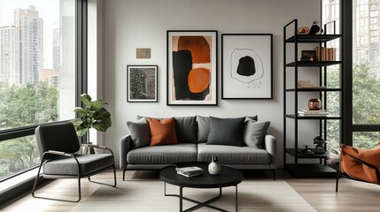 A Serene Bright and Airy Modern Apartment Living Room Design Featuring a Comfortable Gray Sofa, Abstract Art, and Expansive City Views Through Floor-to-Ceiling Windows