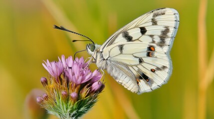 Naklejka premium White Butterfly on Purple Flower in Green Meadow