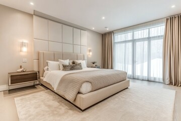 A modern luxurious bedroom featuring a large comfortable bed and rug