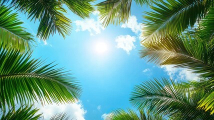 Fototapeta premium Sunlit Sky Framed by Lush Palm Leaves in a Tropical Paradise