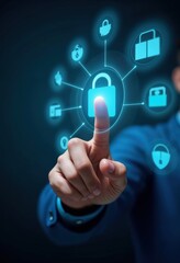 Businessman protecting data by activating security system with icons touchscreen
