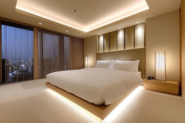 Contemporary bedroom features a large bed and city views through windows