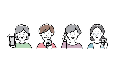 スマホを操作するシニア女性のベクターイラストセット