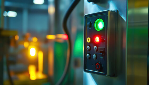 Control panel features multiple buttons and lights while a laser operates in the background, highlighting advanced technology in action