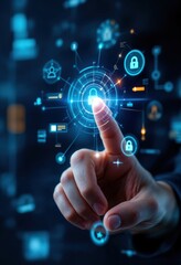 Businessman using digital cybersecurity interface protecting data online