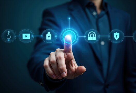 Businessman is activating security system choosing digital security icons on futuristic virtual interface