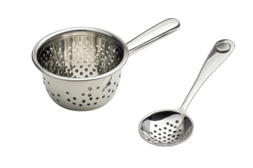 Kitchen dreams unfold with gleaming silver utensils a strainer and skimmer shine against black backdrop bright reflection