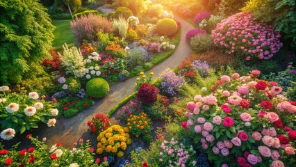 Fototapeta premium Aerial View Vintage Floral Garden, Blooming Flowers Overhead