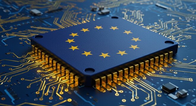 EU Union Chip: A close-up shot showcasing a microchip embellished with the stars of Europe, set against a background of circuit boards, symbolizing technological innovation and the digital age.