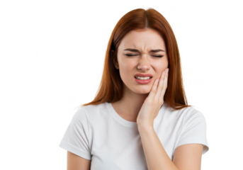 Toothache concept. Studio shot of young female feeling pain, holding her cheek with hand isolated on White background PNG transparent background