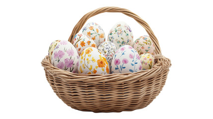 Traditional easter basket filled with vibrantly decorated eggs showcasing intricate designs and soft pastel colors isolated on transparent background