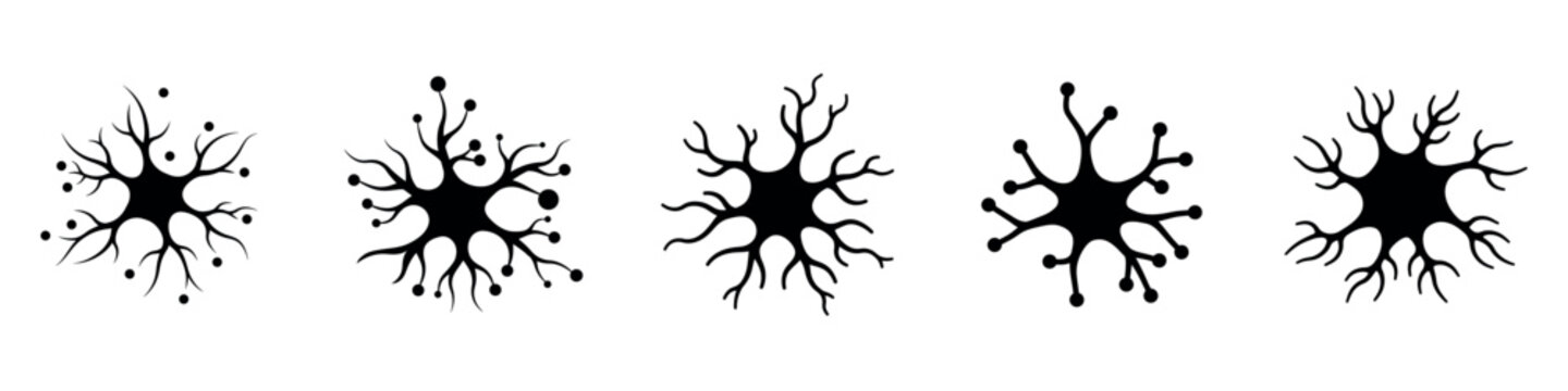 Set of silhouette black flat neuron cells with long axons. Vector illustration