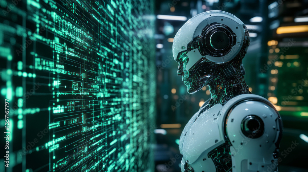 Poster a sleek robot stands motionless, intently analyzing a vibrant wall of data illuminated in neon hues.