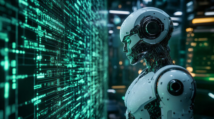 Fototapeta premium A sleek robot stands motionless, intently analyzing a vibrant wall of data illuminated in neon hues. The urban night setting enhances the futuristic ambiance, highlighting advanced tech.