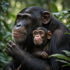 Chimpanzee Cradling Its Baby in a Jungle