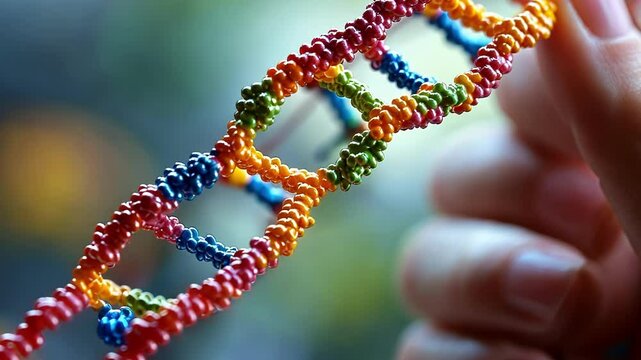 A closeup image of a human hand holding a model of a DNA double helix with colorful representations of yl and acetyl groups attached illustrating the concept of epigenetic modifications