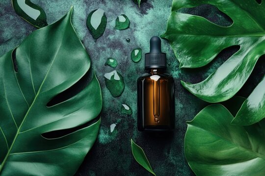 Serene green landscape with a nourishing elixir bottle and lush foliage