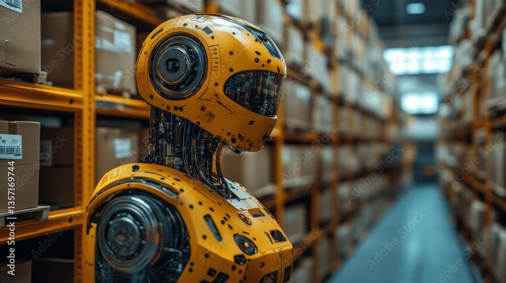Poster A robotic assistant stands in a warehouse aisle filled with stacked boxes, optimizing inventory management and supporting distribution tasks within the logistics sector.