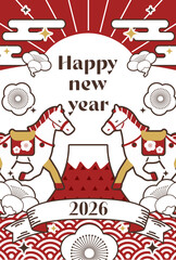 2026年　年賀状縦　馬のイラスト
