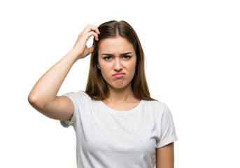 Young doubtful woman thinking, scratching head and trying to find solution isolated on White background PNG transparent background